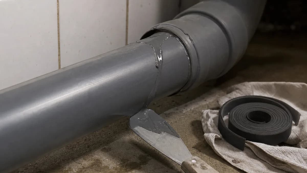 Nahaufnahme eines Abwasserrohrs in einem Keller mit aufgetragener Dichtmasse – Handwerker mit Schutzhandschuhen bei der Rohrinstandsetzung ohne Ausbau