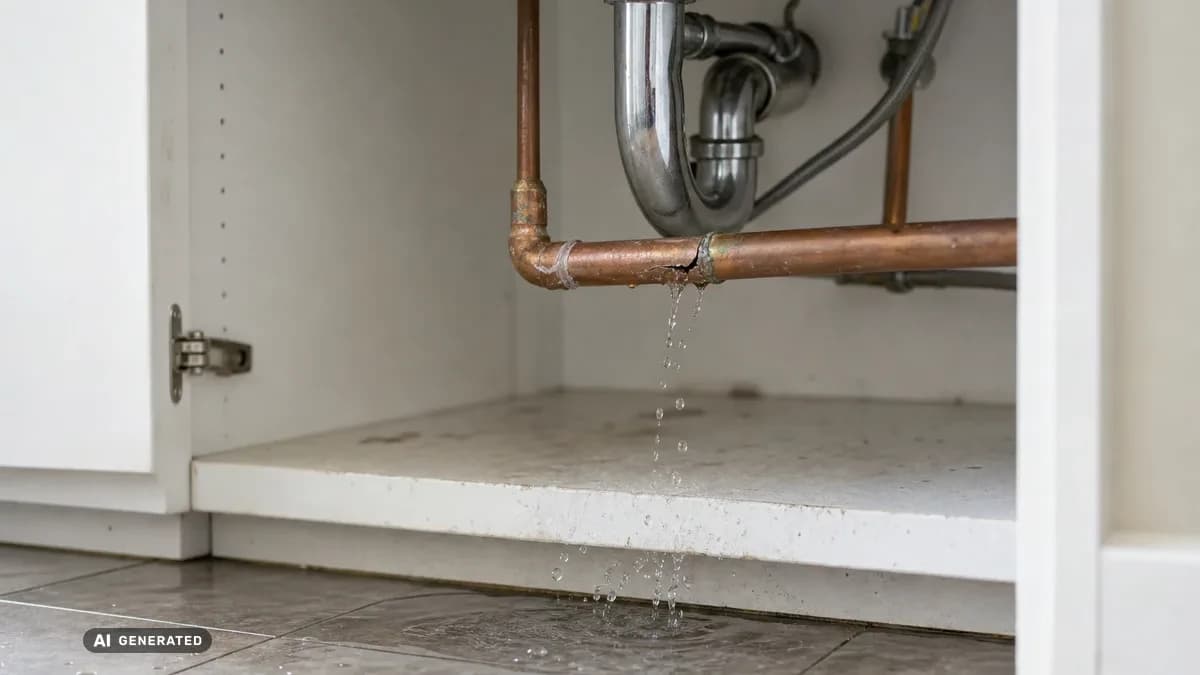 KI-generiertes Bild: Wasser tritt aus einem gebrochenen Rohr unter einer Spüle aus, Detailaufnahme in einem Hauswirtschaftsraum